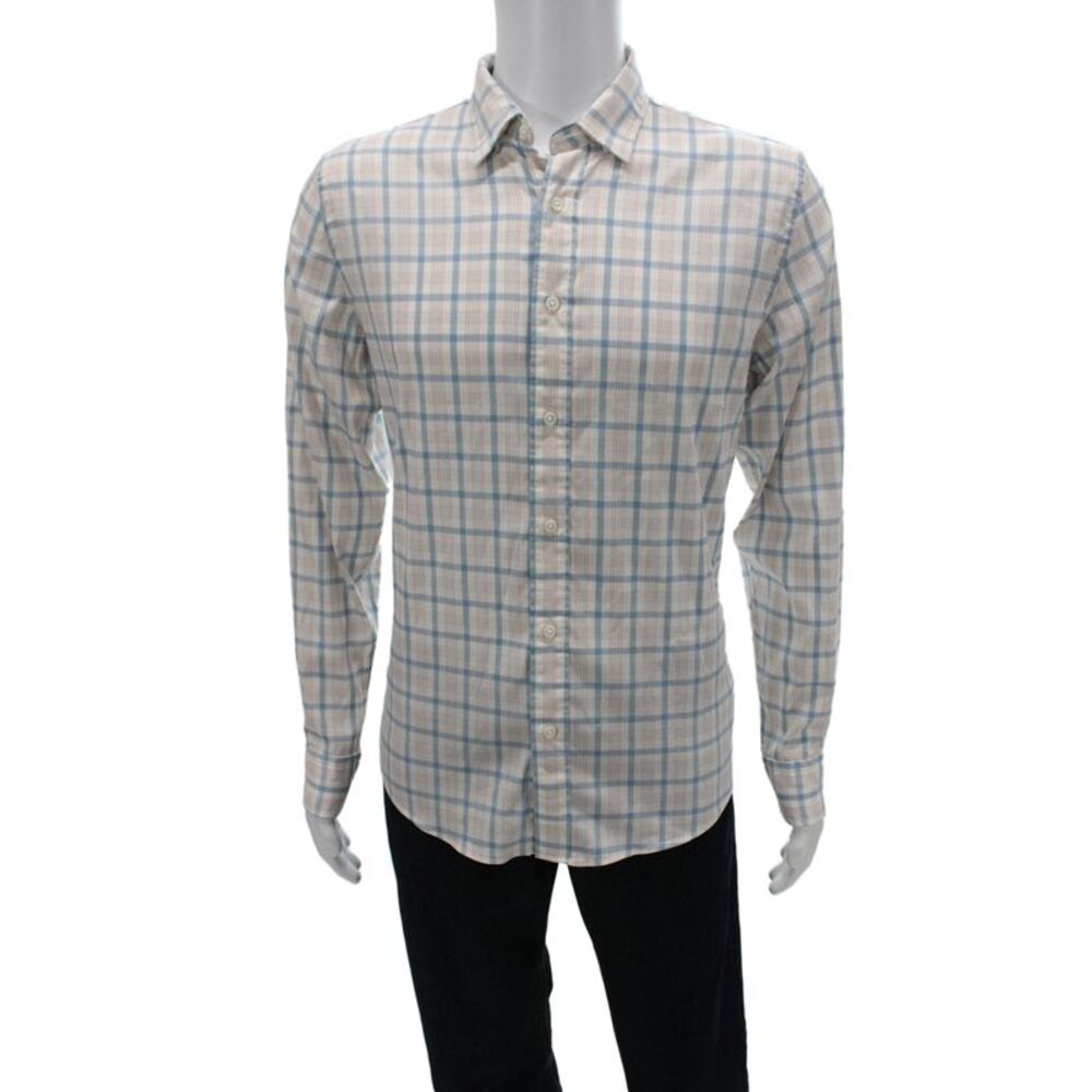 Faherty Brand Mens Cotton Plaid Long Sleeve Button Down Shirt Blue Combo Sz M